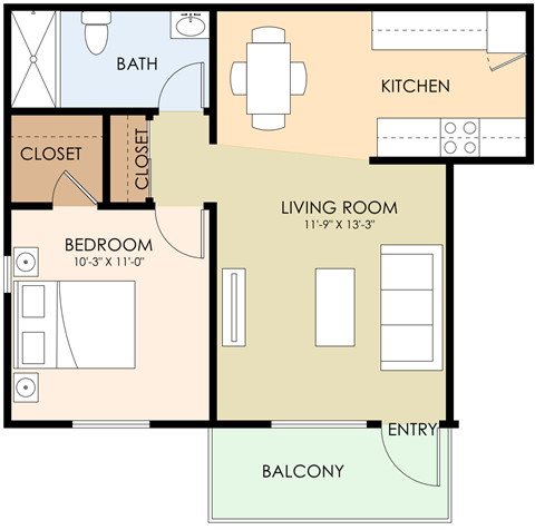 1 Bed 1 Bath Floor Plan at Sunnyvale Town Center, Sunnyvale
