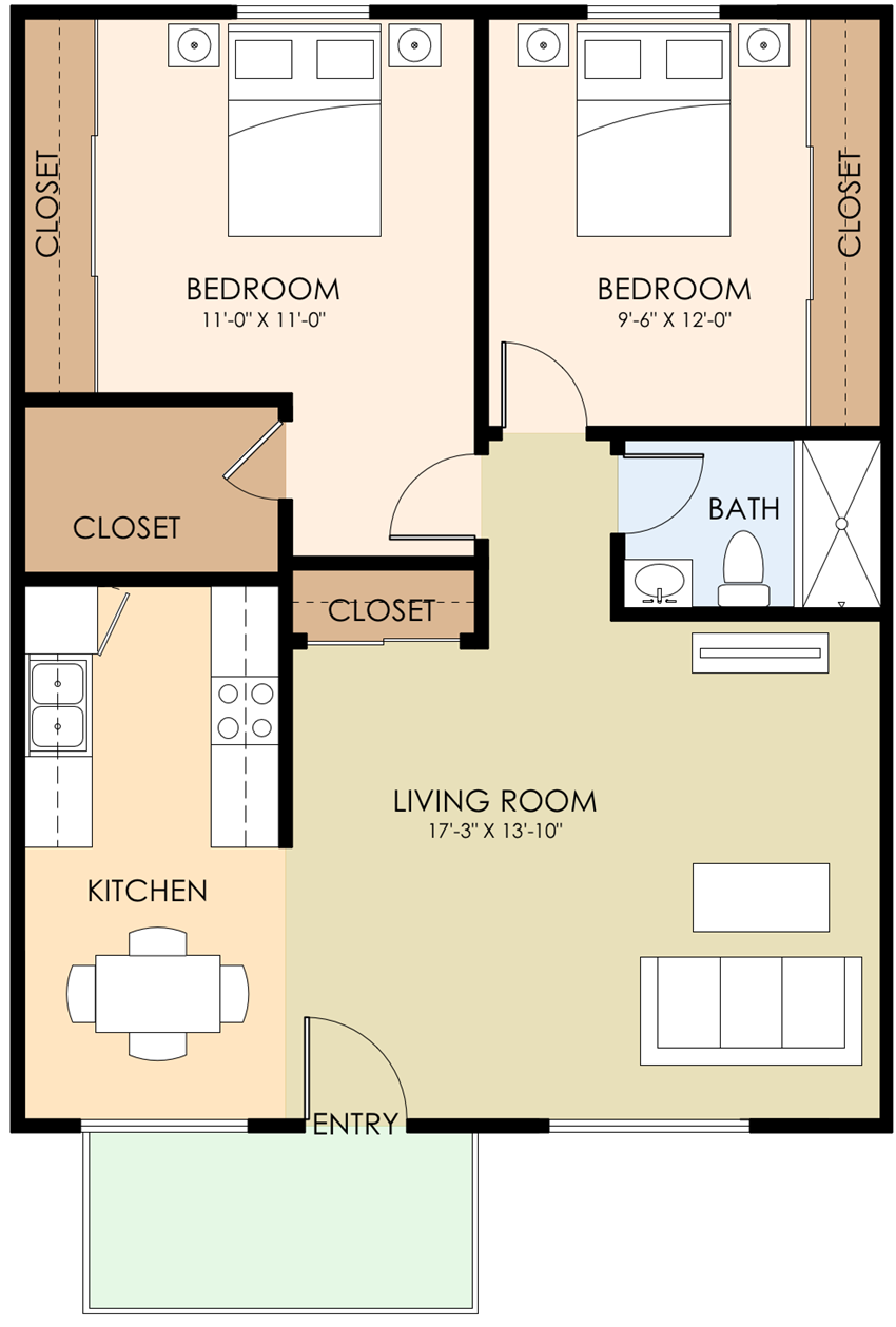 2 Bed 1 Bath Floorplan 2 Bed 1 Bath Floorplan at Sunnyvale Town Center, Sunnyvale, CA