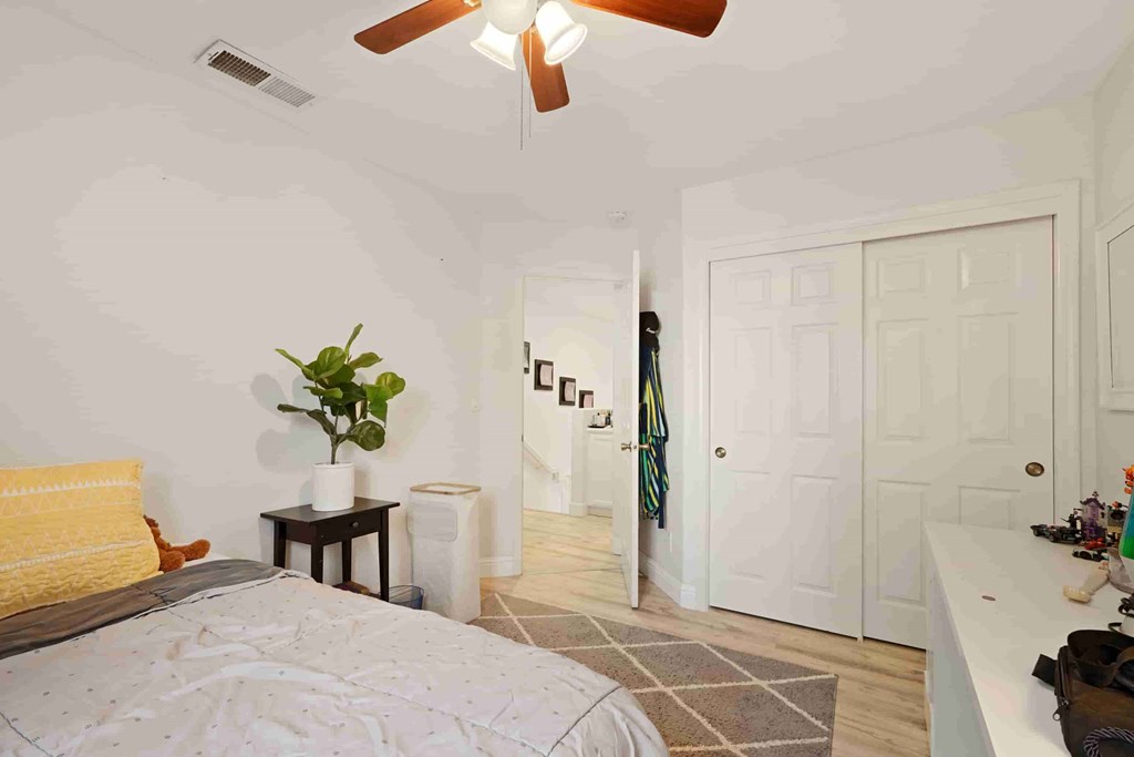 A bedroom with a bed, a plant, and a fan.