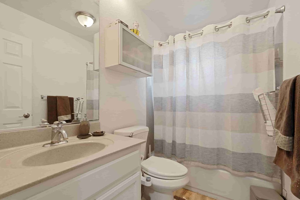 A bathroom with a toilet, sink, and shower curtain.