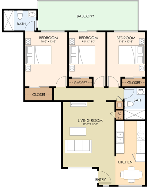 Three Bedroom Two Bath Floor Plan at Somerset Place, Mountain View, CA