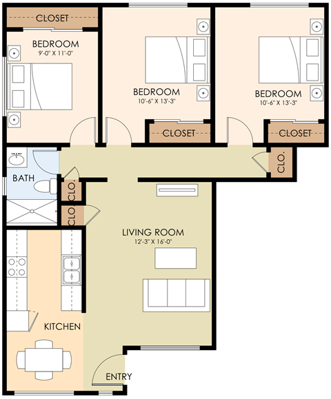Three Bedroom One Bath Floor Plan at Somerset Place, Mountain View