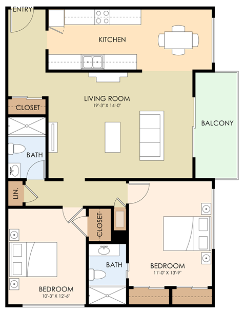 2 bedroom 2 bathroom floor plan A 1,002 Sq.Ft. at Madison Place, San Mateo, California