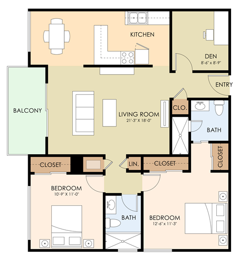 2 bedroom 2 bathroom floor plan B 998 to 1,175 Sq.Ft. at Madison Place, San Mateo