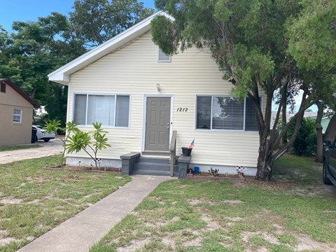 A small house with a grey door and a tree in front.