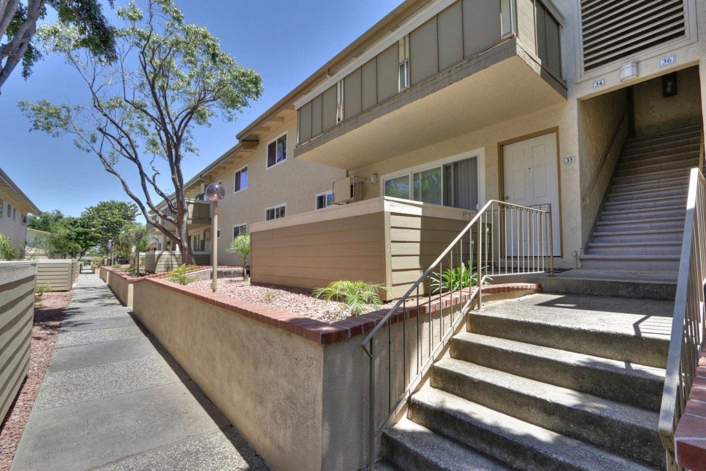 A concrete staircase leads up to a building entrance.