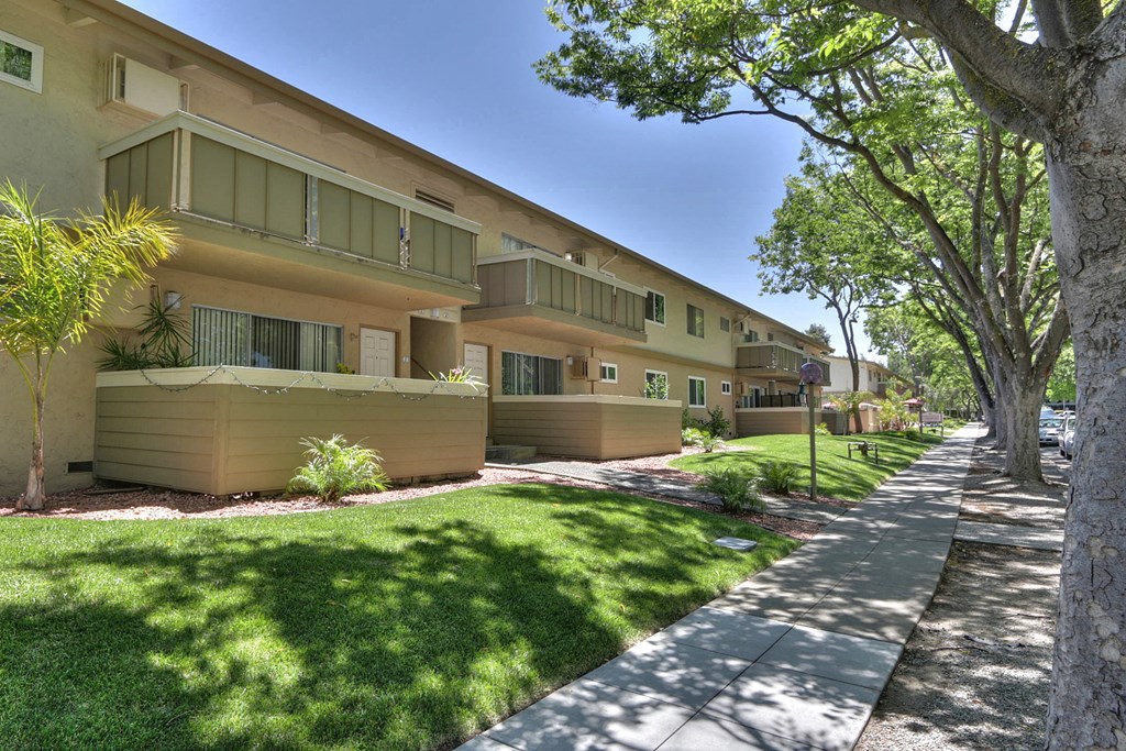 A row of apartment buildings with green trees in front.
