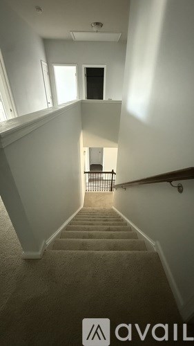 A staircase with a carpeted runner and a skylight above.