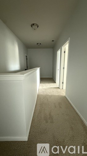 A carpeted hallway with a white door on the right.