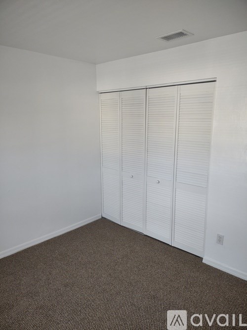 A room with a carpeted floor and a white closet with blinds.
