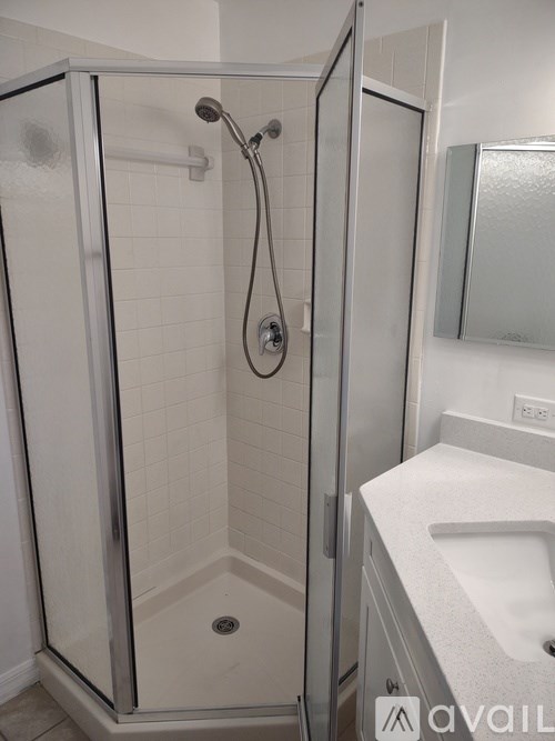A shower with a glass door and a white sink.
