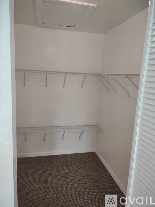A white closet with a carpeted floor and a shelf above the carpet.