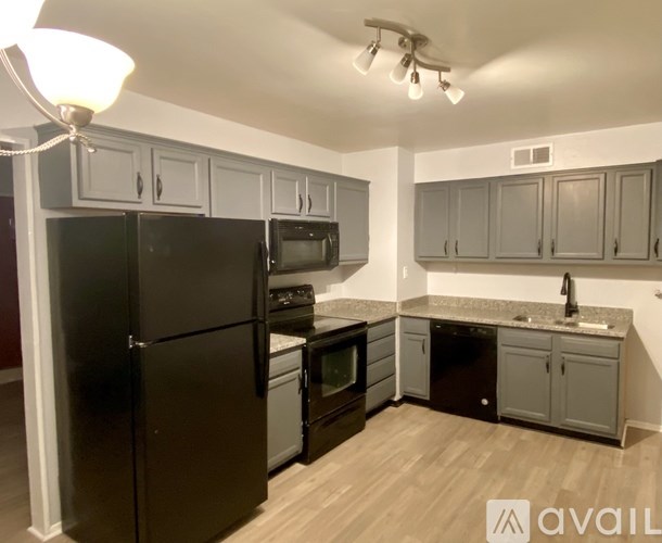 A kitchen with a black refrigerator, microwave, oven, and sink.
