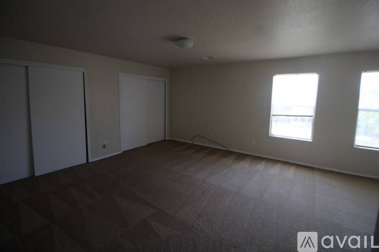A room with a carpeted floor and two windows.