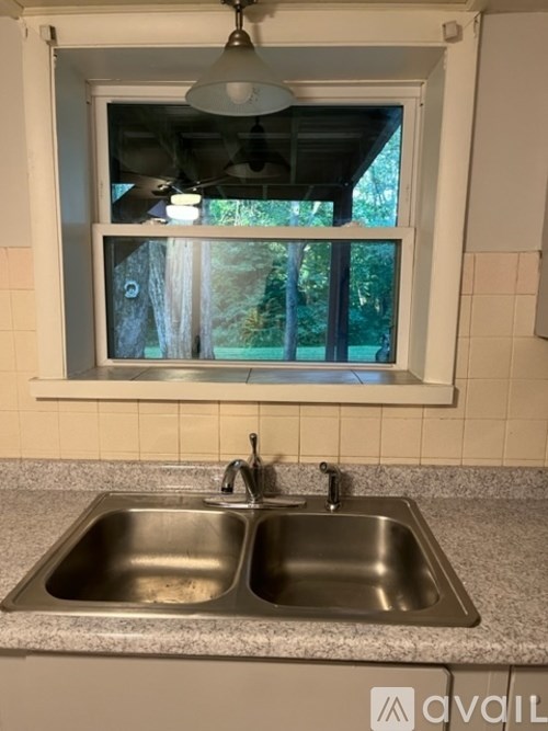 A kitchen with a double sink and a window.