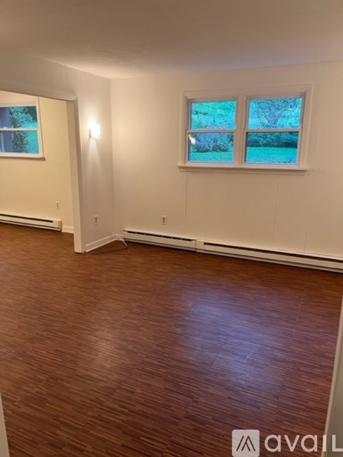 A room with wooden flooring and two windows.
