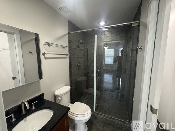 A bathroom with a toilet, sink, and walk-in shower.