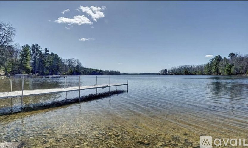 A dock extends into a lake with trees in the background.