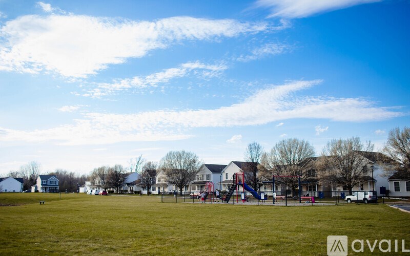 A park with a playground and houses in the background.