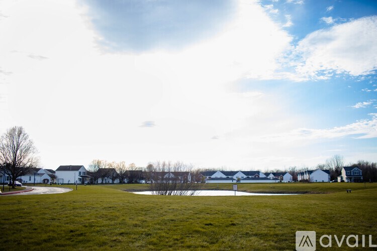 A grassy field with a row of houses in the distance and a cloudy sky above.