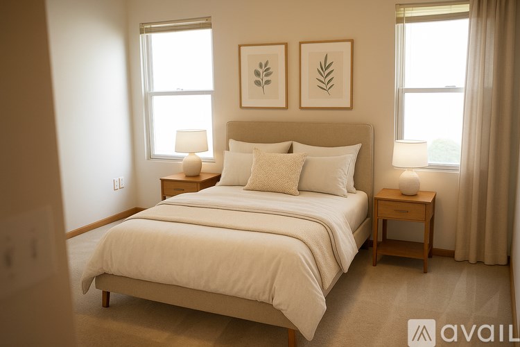 A bed with white bedding and two pillows sits in a room with a window.