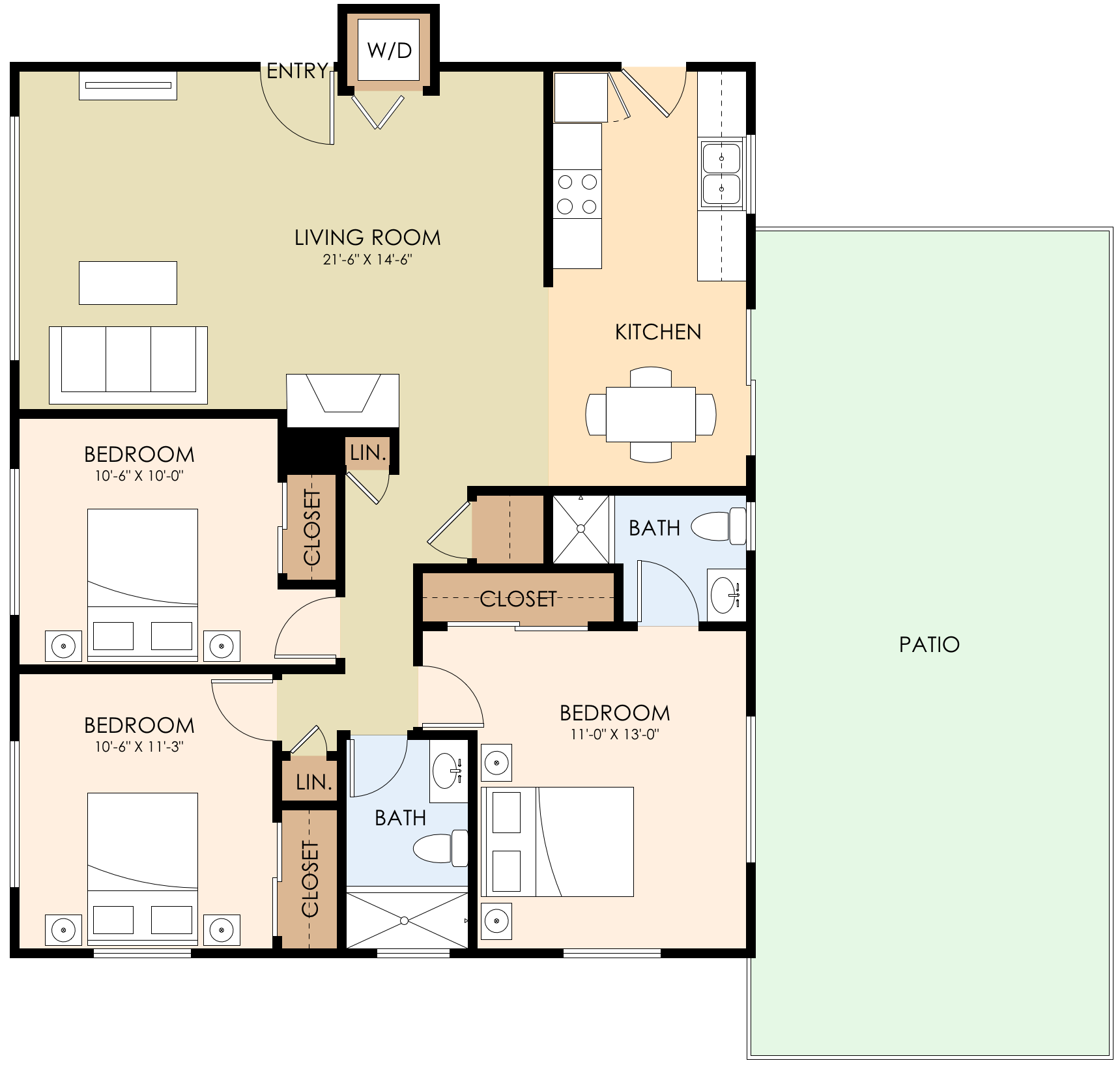 Three Bedroom Two Bath 1076 Sq Ft
