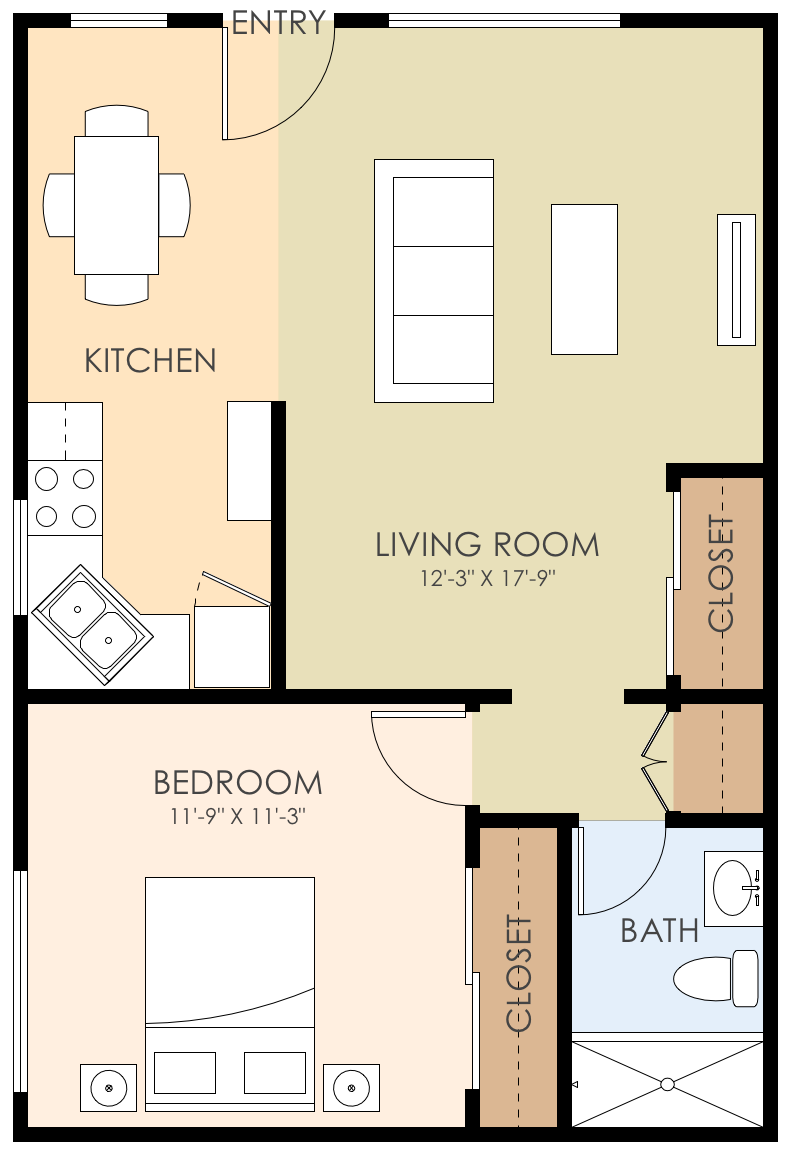 One Bedroom One Bath 576 SQ FT