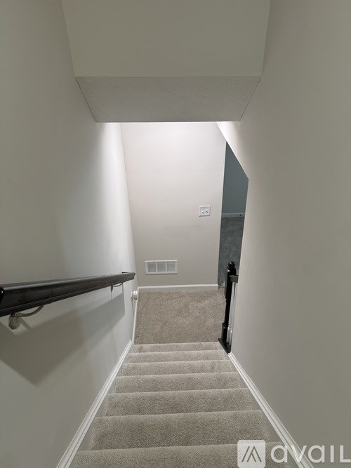 A staircase with a carpeted runner and a black handrail.