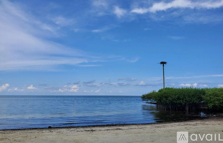 A beach with a blue sky and a pole with a light on top.