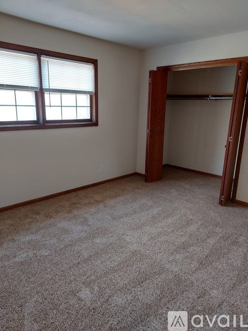 A room with a carpeted floor, a window with blinds, and a closet with a mirror.