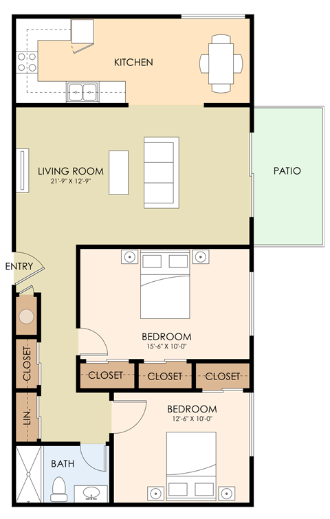 Two Bedroom One Bath Floor Plan at Magnolia Place, Sunnyvale, California