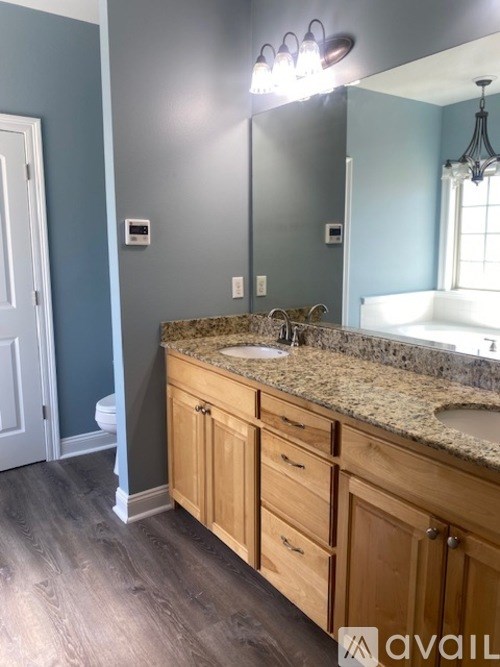 A bathroom with a granite countertop and wooden cabinets.