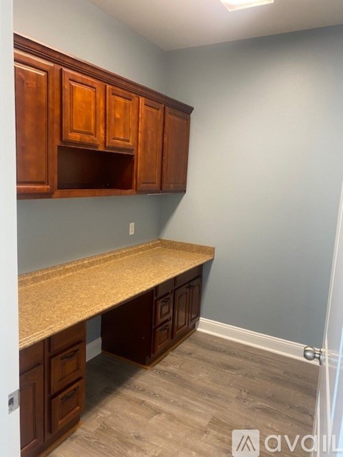 A kitchen with wooden cabinets and a countertop.