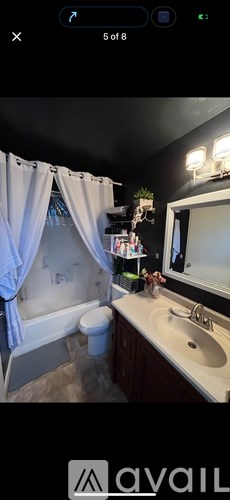A bathroom with a white sink, a white toilet, and a bathtub with white curtains.