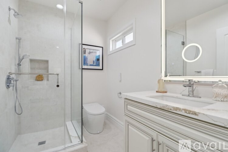 A bathroom with a walk-in shower, toilet, and a vanity with a mirror.