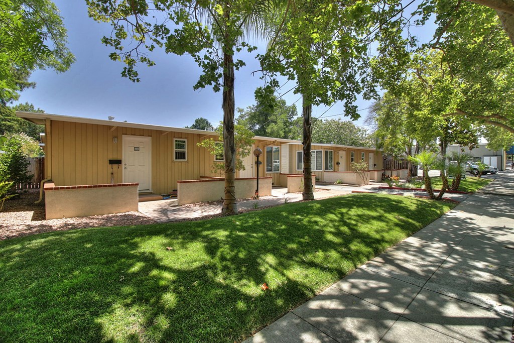 A row of houses with green trees in front.
