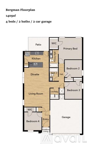 A floor plan of a Bergman Floorplan with 4 beds, 2 baths, and a 2 car garage.