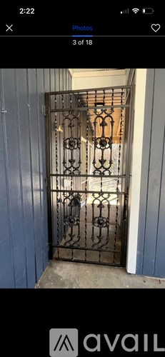 A metal gate with a decorative design is in the foreground.
