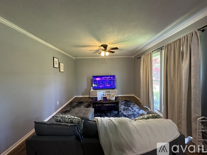 A bedroom with a bed, a TV, and a ceiling fan.