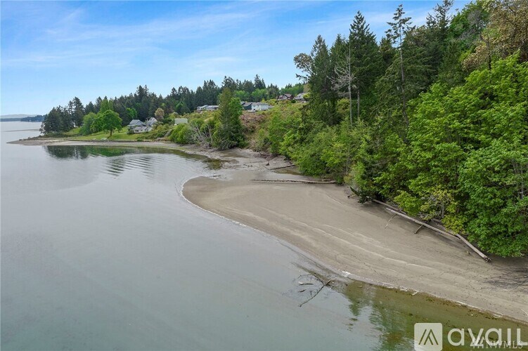 A beach with a forest in the background and a house on the left side.