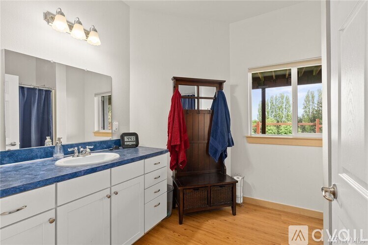 A bathroom with a sink, mirror, and a window.