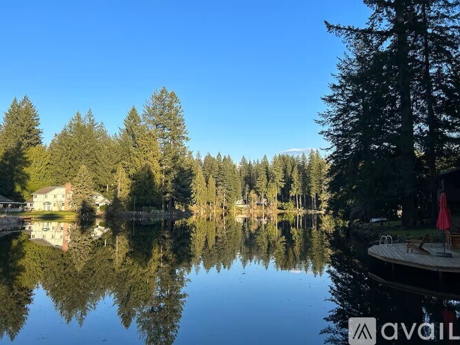 A serene lake with a reflection of trees and a house, surrounded by a clear blue sky.