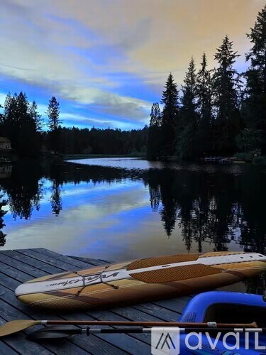 Two kayaks are on a dock by a lake with trees in the background.