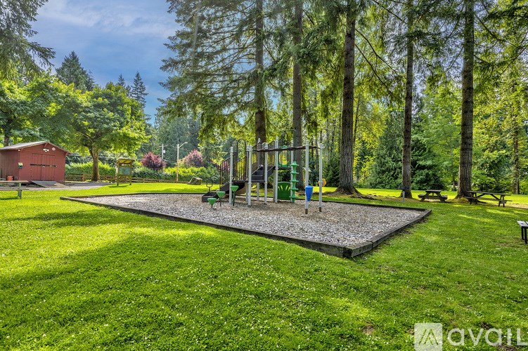 A playground with a swing set and a slide in a grassy area surrounded by trees.