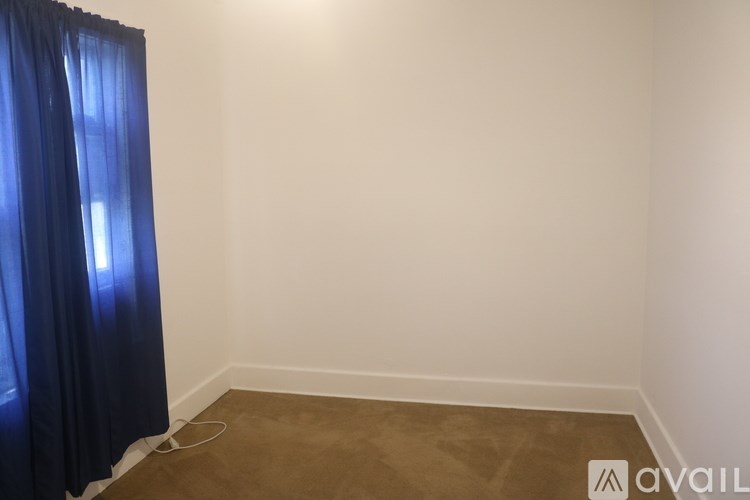 A room with a blue curtain on the left and a carpet on the floor.
