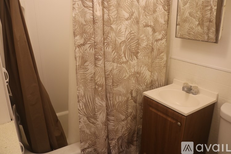 A bathroom with a shower curtain and a toilet.