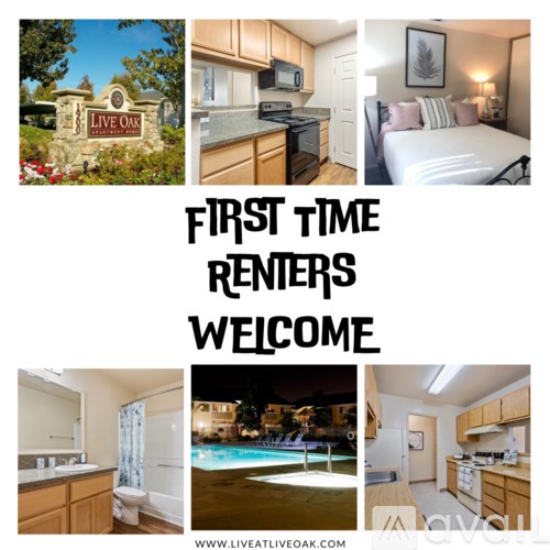 A collage of images showcasing the interior of a Live Oak property, inviting first-time renters to move in.