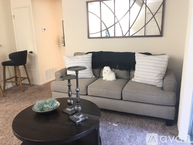 A living room with a grey couch, a black table, and a white cat.