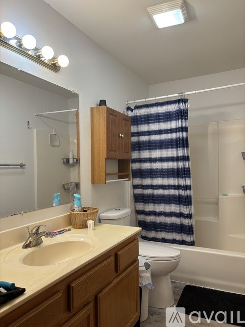 A bathroom with a sink, toilet, and a striped shower curtain.