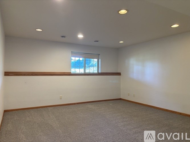 A spacious room with a window and carpeted floor.
